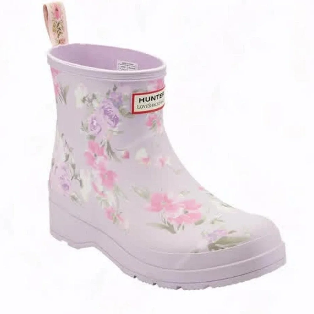 LoveShackFancy Hunter boots in happy thoughts purple floral play short rainboots